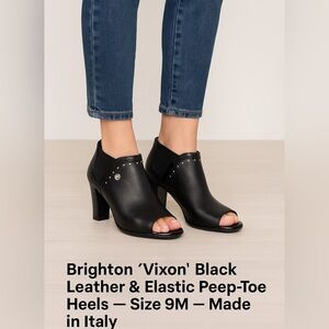Brighton “Vixon” Black Leather & Elastic Peep-Toe Heels – Size 9M Made in Italy